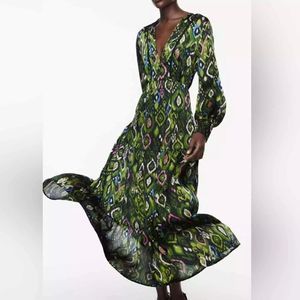 Zara Women's Maxi Dress Geometric Print Lace Inserts V-Neck Multicolor Size S E7